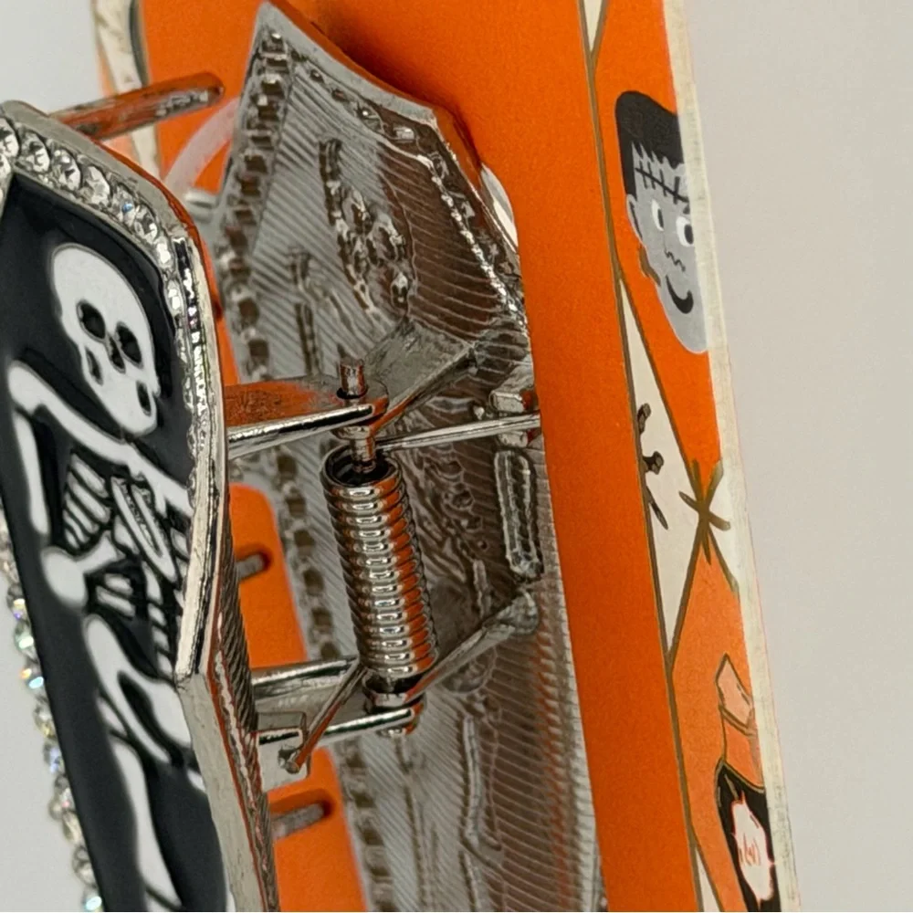 Piper K Halloween Goth Skeleton Casket Claw Clip Silver Tone Rhinestones.